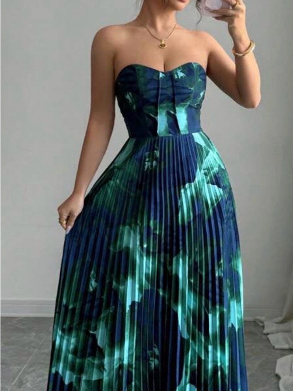 Strapless Pleated Maxi Dress in Teal Blue - [Brand]